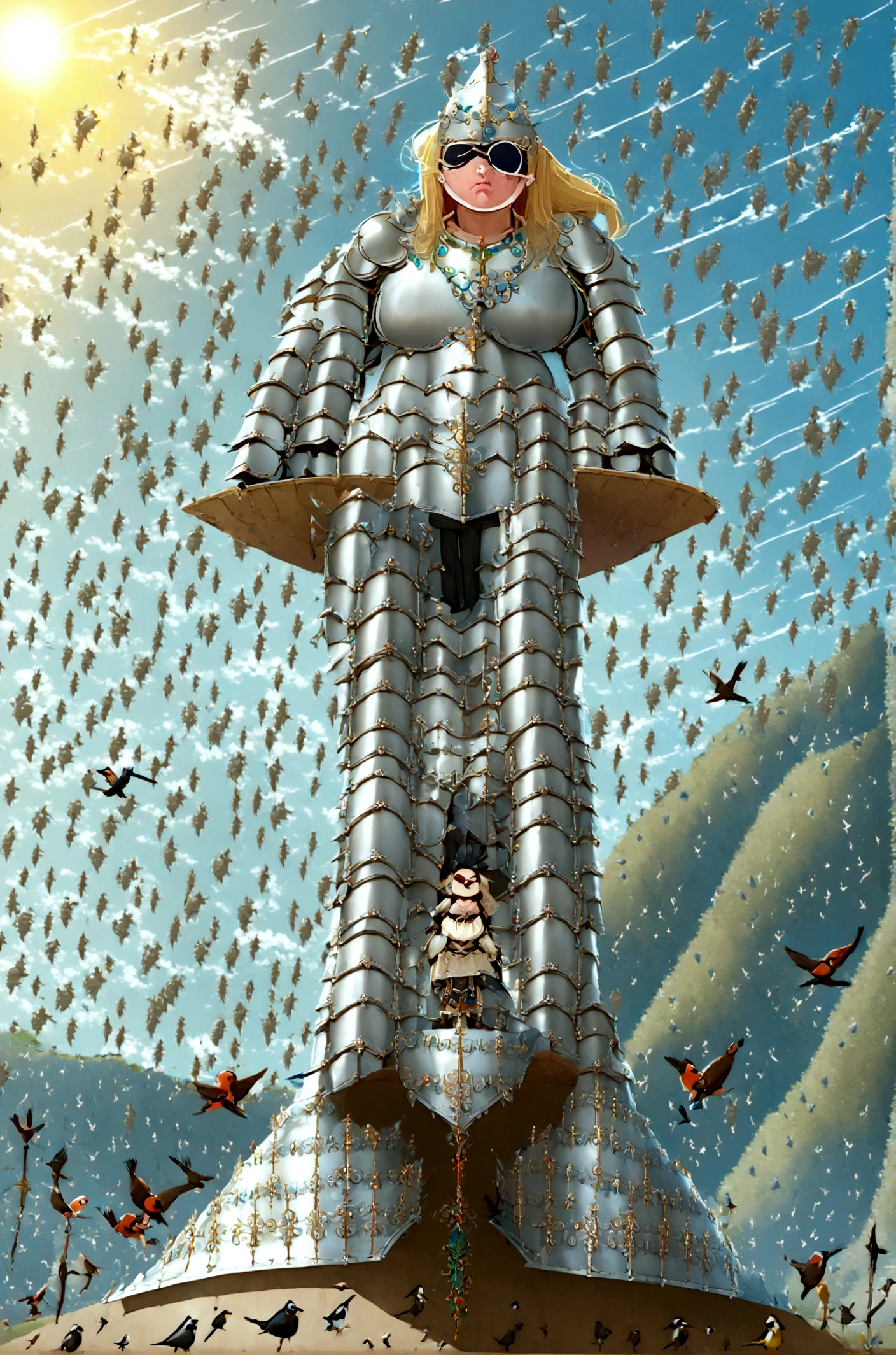 Huge teen tits bimbo, stern face expression, standing on steep heel, sunny day, ((wearing plate full armor with ornament)), eyepatch, broken spears in the ground around, birds in sky far away
