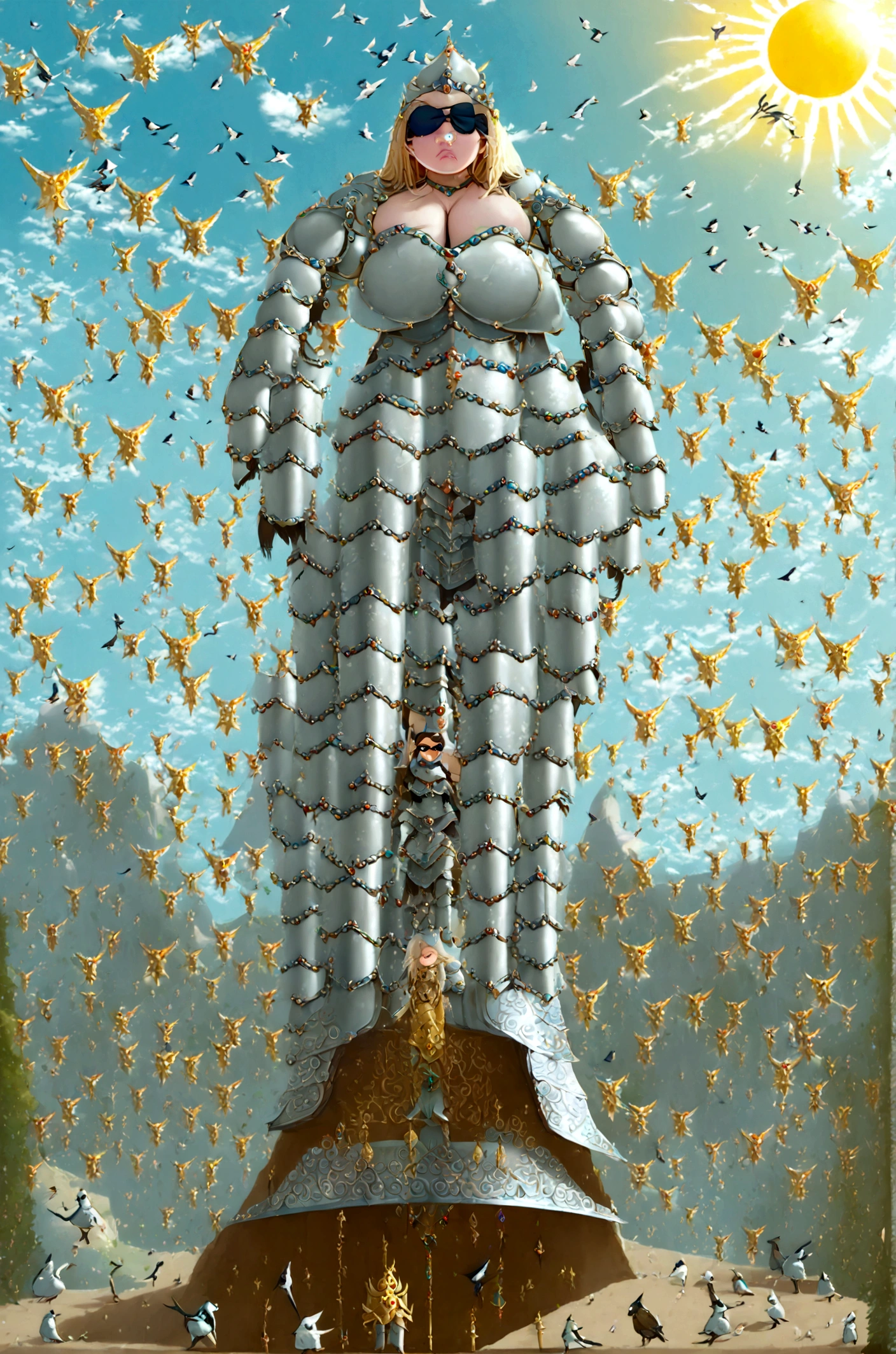 Huge teen tits bimbo, stern face expression,  standing on steep heel, sunny day, ((wearing plate full armor with ornament)), eyepatch, broken spears in the ground around, birds in sky far away
