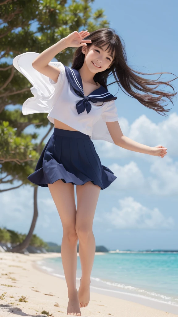 1girl,(((Okinawa ocean)))、(((White sand beaches in Okinawa)))、(((Just join your hands and pray)))、(((Mysterious look)))、8k UHD、Digital single-lens reflex camera、High resolution、Shallow depth of field、Natural light、(((Sailor suit)))、(((navy blue super mini skirt)))、(((A sparkling, charming smile)))、(((Full body photography)) )、Small person、(((Young face)))、1 Japanese female、;beautiful girl、(Black Hair)、A strong wind blows up my skirt、(((Brown eyes)))、Glowing Skin、Smooth Thinning Hair、Long Hair、Detailed background、Detailed eyes and face、Clear Eyes、Cute smile、Calm atmosphere、(((stage)))、(((Small breasts)))、(((Beautiful Eyes)))、Flat chest、Children、(((Toned thighs))) 、(((Angle from below) ))、(((Fine lips)))、(((Skirt fluttering)))、Shining beautiful legs、( Skirt fluttering violently in the strong wind :1.4),   (hair blowing in the strong wind:1.4), (leaning forward)、barefoot、barefoot、((((A skirt flipped up by a strong wind))))