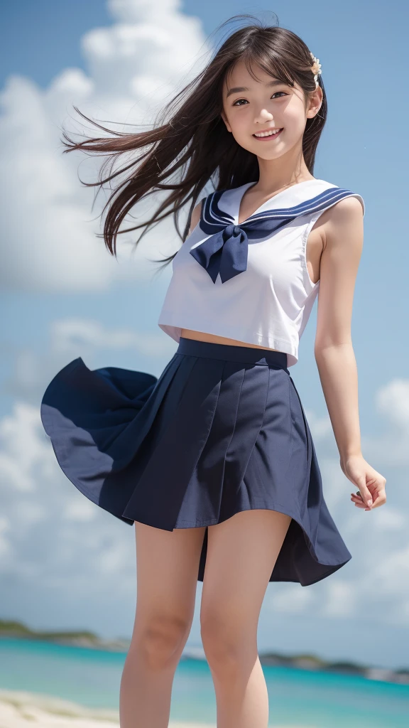 1girl,(((Okinawa ocean)))、(((White sand beaches in Okinawa)))、(((Just join your hands and pray)))、(((Mysterious look)))、8k UHD、Digital single-lens reflex camera、High resolution、Shallow depth of field、Natural light、(((Sailor suit)))、(((navy blue super mini skirt)))、(((A sparkling, charming smile)))、(((Full body photography)) )、Small person、(((Young face)))、1 Japanese female、12 years old;beautiful girl、(Black Hair)、A strong wind blows up my skirt、(((Brown eyes)))、Glowing Skin、Smooth Thinning Hair、Long Hair、Detailed background、Detailed eyes and face、Clear Eyes、Cute smile、Calm atmosphere、(((stage)))、(((Small breasts)))、(((Beautiful Eyes)))、Flat chest、Children、(((Toned thighs))) 、(((Angle from below) ))、(((Fine lips)))、(((Skirt fluttering)))、Shining beautiful legs、( Skirt fluttering violently in the strong wind :1.4), (hair blowing in the strong wind:1.4), (leaning forward)、barefoot、barefoot、((((A skirt flipped up by a strong wind))))