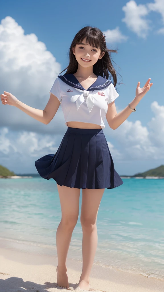 1girl,(((Okinawa ocean)))、(((White sand beaches in Okinawa)))、(((Just join your hands and pray)))、(((Mysterious look)))、8k UHD、Digital single-lens reflex camera、High resolution、Shallow depth of field、Natural light、(((Sailor suit)))、(((navy blue super mini skirt)))、(((A sparkling, charming smile)))、(((Full body photography)) )、Small person、(((Young face)))、1 Japanese female、;beautiful girl、(Black Hair)、A strong wind blows up my skirt、(((Brown eyes)))、Glowing Skin、Smooth Thinning Hair、Long Hair、Detailed background、Detailed eyes and face、Clear Eyes、Cute smile、Calm atmosphere、(((stage)))、(((Small breasts)))、(((Beautiful Eyes)))、Flat chest、Children、(((Toned thighs))) 、(((Angle from below) ))、(((Fine lips)))、(((Skirt fluttering)))、Shining beautiful legs、( Skirt fluttering violently in the strong wind :1.4), (hair blowing in the strong wind:1.4), (leaning forward)、barefoot、barefoot、((((A skirt flipped up by a strong wind))))