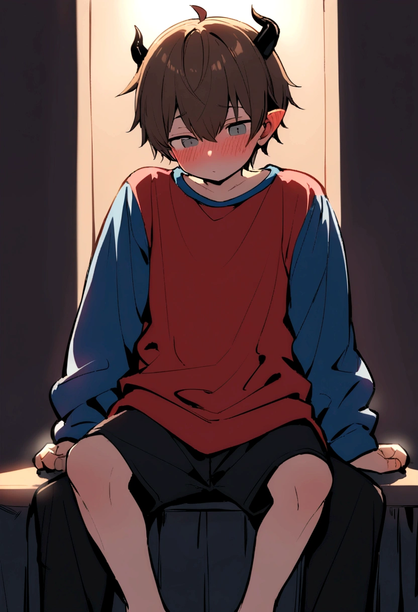 A boy without eyes,with an effeminate body and face, Brown hair, a blue sweatshirt, posing sitting with legs open (blushing), Black pants, and hair in the form of small spikes along with a much taller boy, gray eyed, red sweatshirt and hair in the shape of two little horns