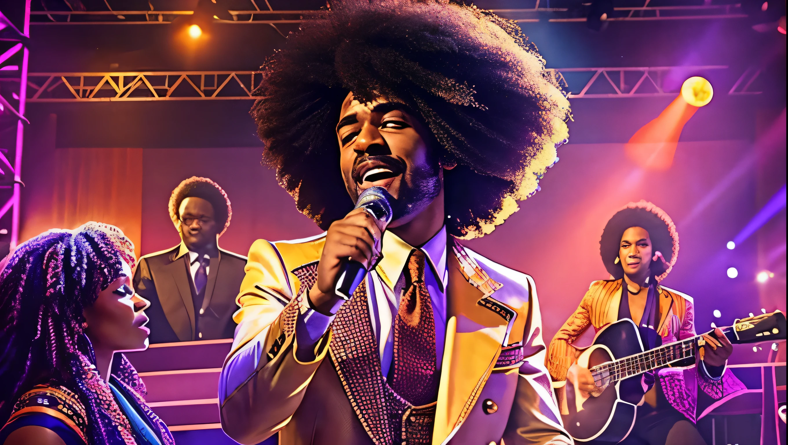 A dynamic 1970s scene featuring fictional R&B star Ronnie Sampson passionately singing on stage in a smoky nightclub. Ronnie, with his iconic afro, is dressed in a stylish suit with wide lapels and flared pants. The stage is bathed in dim, colorful lights, adding to the club’s smoky atmosphere. The audience is lively, enjoying the soulful performance. The vintage decor, with plush seating and round tables, completes the authentic 1970s vibe. cinematic, cinematic action, atmospheric perspective, dep th of f iel d, textured skin, super detail,