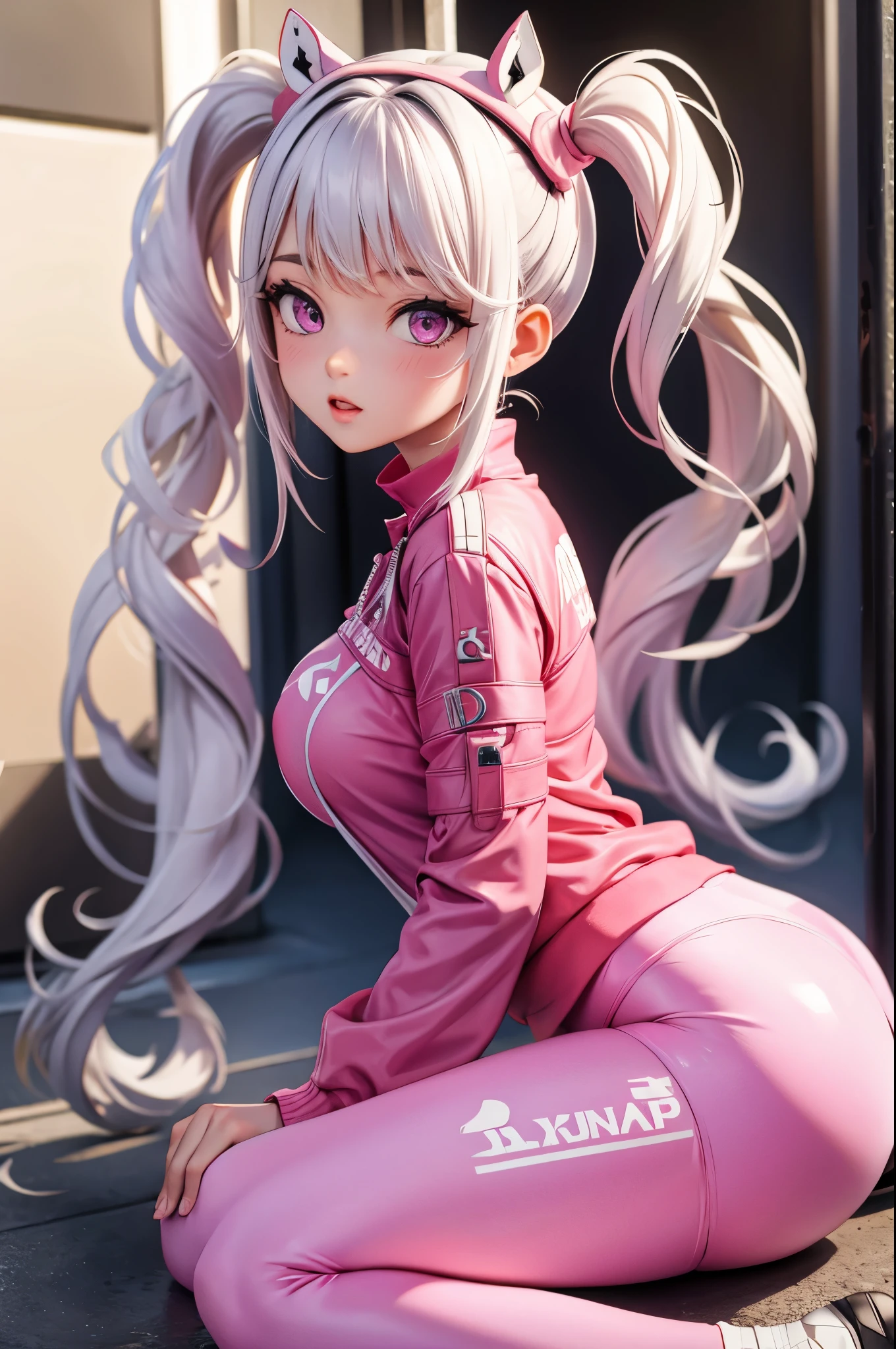 The Twintails Deluxe, white hair, pink eyes, one girl, perfect breast, big ass pink t-shirt , leggings pink, shoes white, beautiful, slim, cute, sex, looking back
