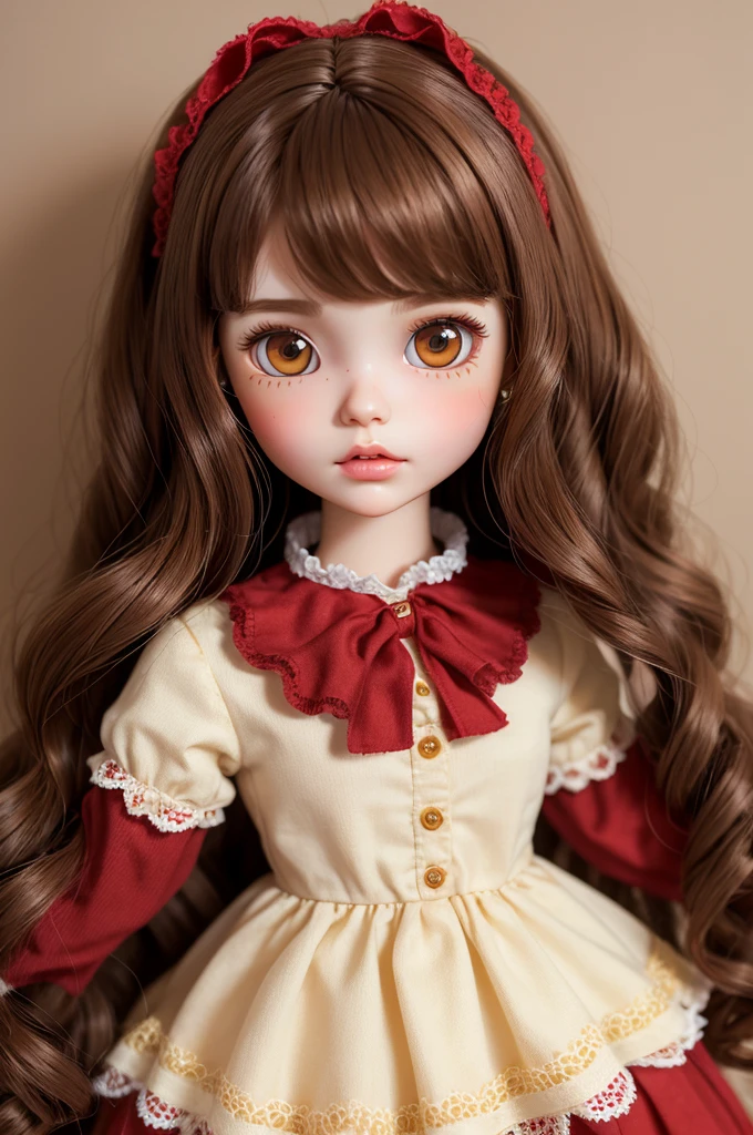 create a blythe doll with wavy brown hair and honey eyes with a red blouse