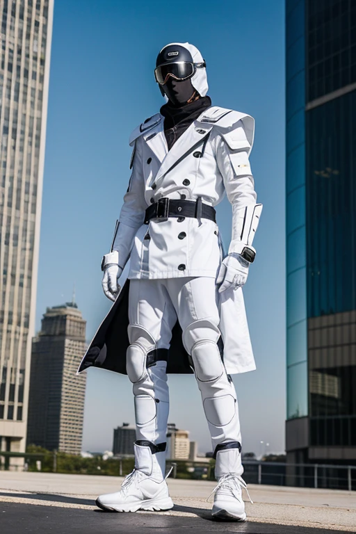 ((best quality)), ((masterpiece)), (detailed), 1 boy, full body, 19 years old, masked, white mask covering his entire head, smooth head, mask covering his mouth, black goggles, black aviation facemask, black collar, tall and thin, very thin, long beige trench coat, open trench coat showing his chest, black fingerless gloves, white wristbands, white nanotech suit resembling light armor, white chest with an I, luminous blue letter "I" emblem on the chest, letter I, black pants, white knee pads, metallic white shoes, superhero belt, nanotechnology in the air, flying on a building, city background, anime