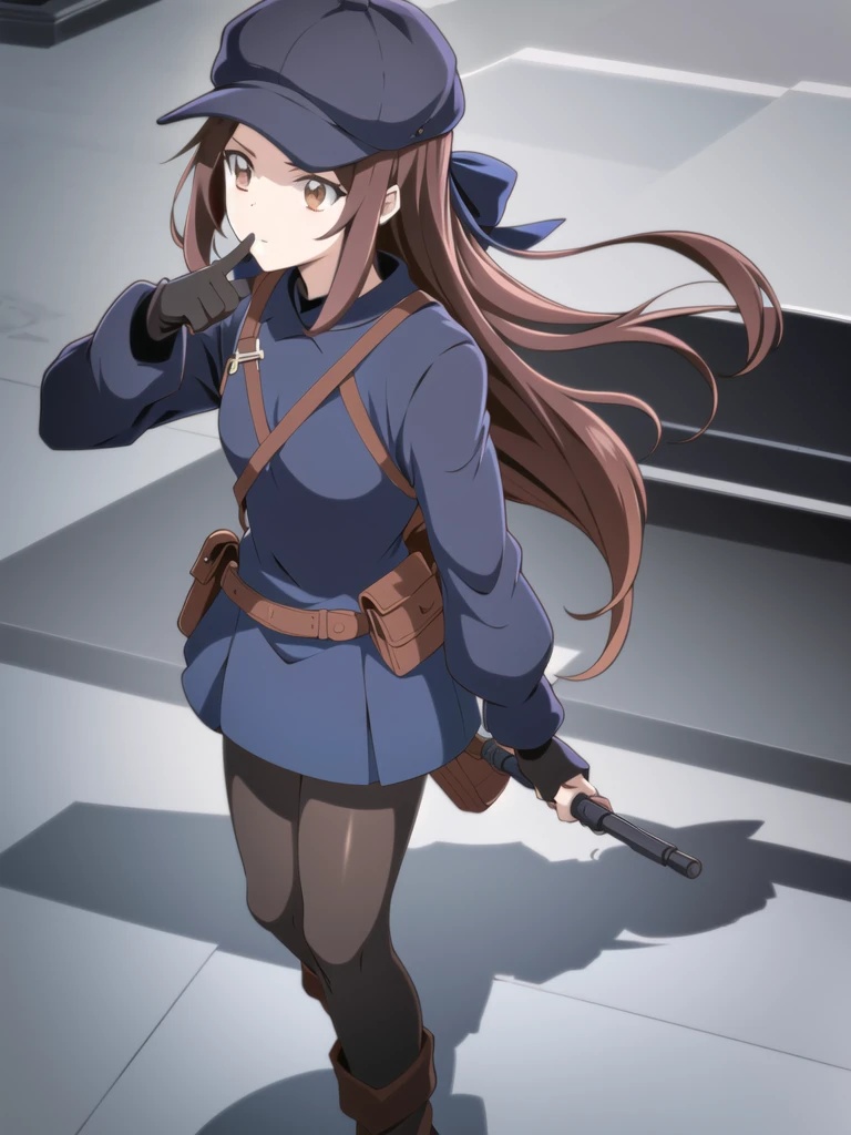 ((Best quality))),((Ultra-detailed)),((illustration)),((Disheveled hair)),((frilld)),(1 girl),(Solo), 1girl, ***, handgun, hat, holding, holding_***, looking_at_viewer, solo, weapon, rating:safe, adjusting_clothes, adjusting_hat, adjusting_headwear, black_footwear, black_gloves, black_hat, black_headwear, black_legwear, black_pantyhose, blue_bow, boots, bow, clothing, dress, female, female_only, footwear, frills, gloves, headwear, holding_weapon, knee_boots, legwear, long_hair, makaria, pantyhose, pistol, pointing, pointing_at_viewer, pouch, olo, standing, brown hair,brown_eyes,