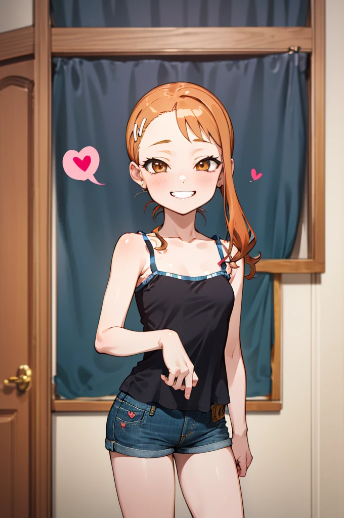 masterpiece, best quality, highres, 1girl, anjou naruko, hairclip, large breasts, , my room,camisole,denim shorts,,,looking viewer,,spoken heart,6yo,(ite),,thigh,grin,