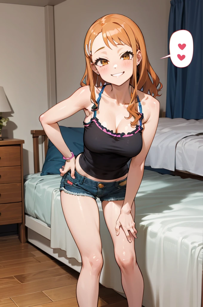 masterpiece, best quality, highres, 1girl, anjou naruko, hairclip, large breasts, , my room,camisole,denim shorts,,,looking viewer,,spoken heart,***,(petite),,thigh,grin,