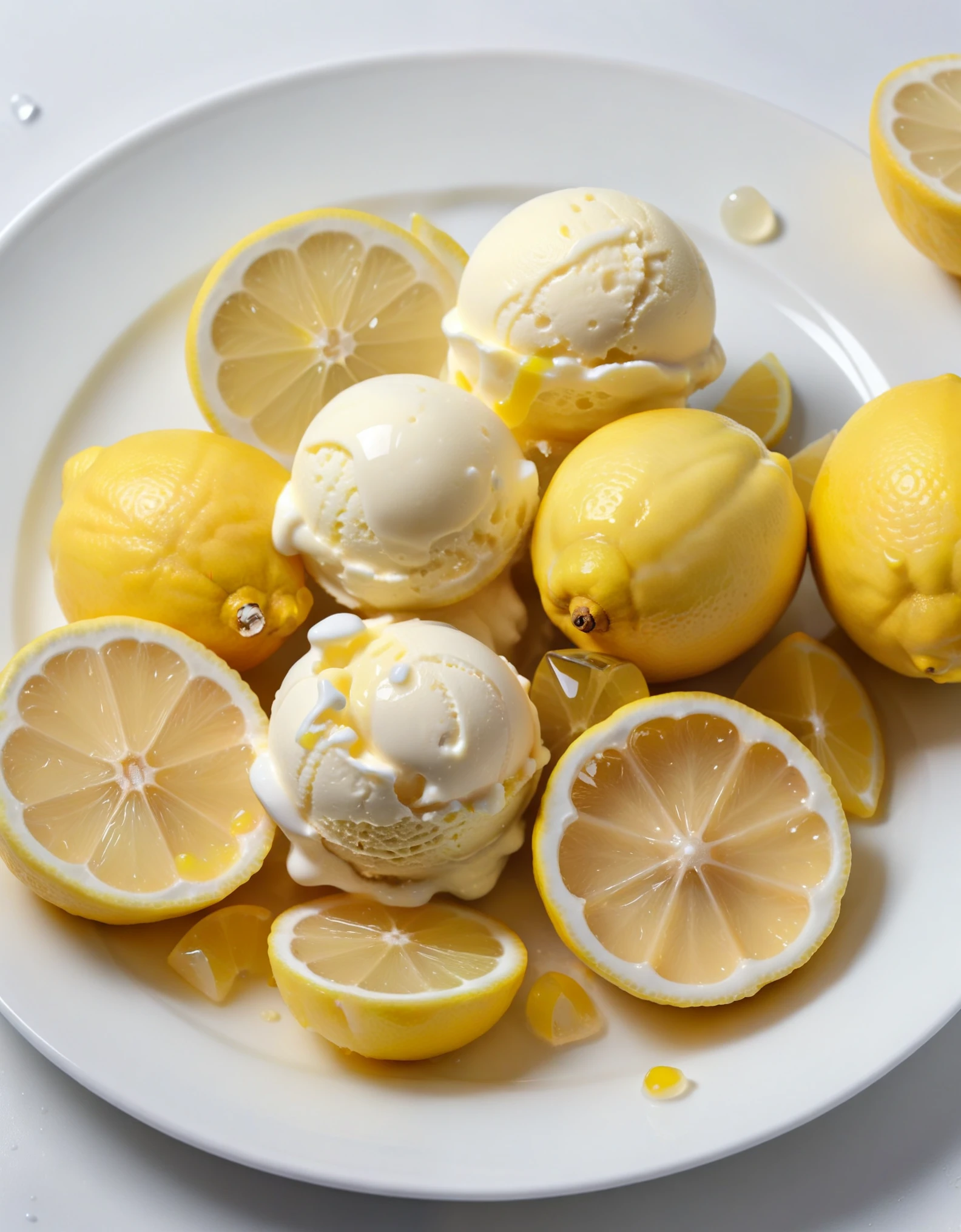 (lemons and pieces of lemon fruits and lemon ice cream on a white plate), closeup, macroscopic photo, hyperdetalization, hyperrealism, beautiful foreshortening, cinematic, glow, reflexes, illuminated ((dominant three colors))