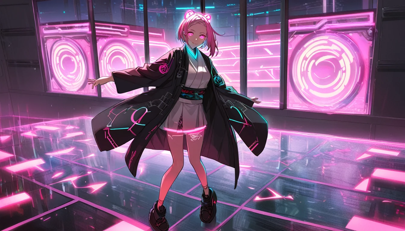 Girl in kimono, ager, full body, cyberpunk, pink eyes, glowing, neon, black coat, open coat, window, DJ, dance floor,