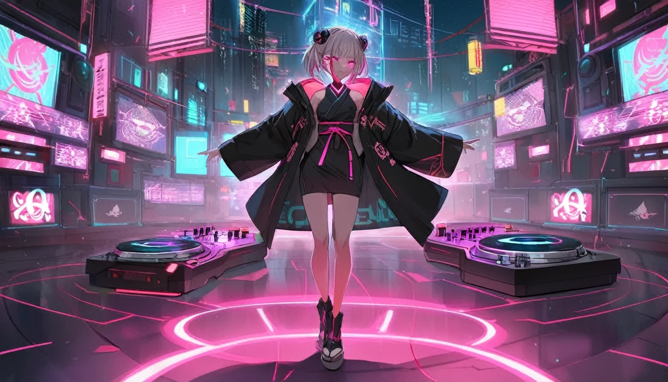 Girl in kimono, teenager, full body, cyberpunk, pink eyes, glowing, neon, black coat, open coat, window, DJ, dance floor,