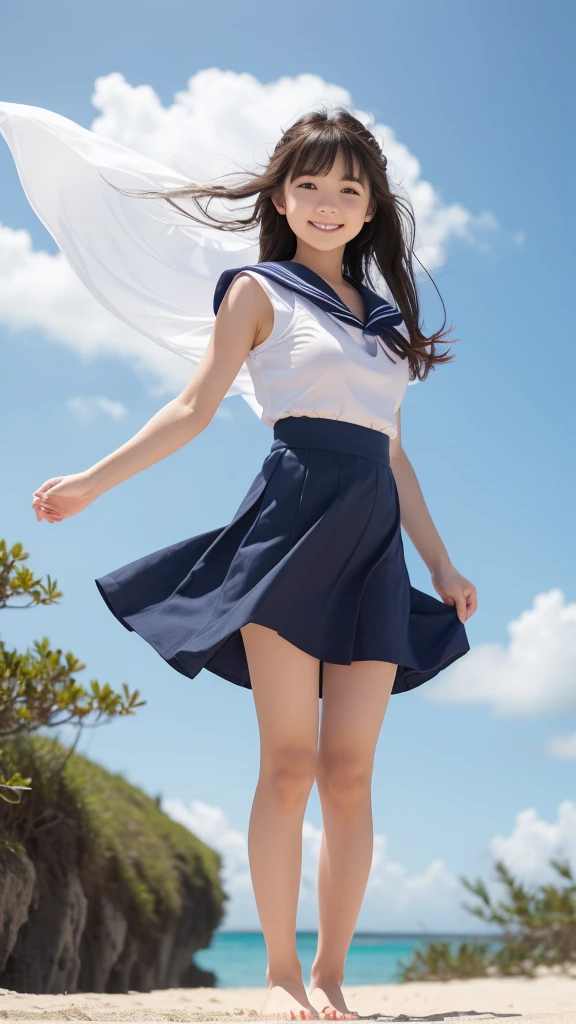 1girl,(((Okinawa ocean)))、(((White sand beaches in Okinawa)))、(((Just join your hands and pray)))、(((Mysterious look)))、8k UHD、Digital single-lens reflex camera、High resolution、Shallow depth of field、Natural light、(((Sailor suit)))、(((navy blue super mini skirt)))、(((A sparkling, charming smile)))、(((Full body photography)) )、Small person、(((Young face)))、1 Japanese female、;beautiful girl、(Black Hair)、A strong wind blows up my skirt、(((Brown eyes)))、Glowing Skin、Smooth Thinning Hair、Long Hair、Detailed background、Detailed eyes and face、Clear Eyes、Cute smile、Calm atmosphere、(((stage)))、(((Small breasts)))、(((Beautiful Eyes)))、Flat chest、Children、(((Toned thighs))) 、(((Angle from below) ))、(((Fine lips)))、(((Skirt fluttering)))、Shining beautiful legs、( Skirt fluttering violently in the strong wind :1.4), (hair blowing in the strong wind:1.4), (leaning forward)、barefoot、barefoot、((((A skirt flipped up by a strong wind))))