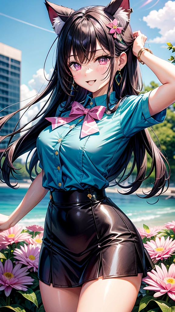 Dark hair, pink eyes, body, cat ears, adult girl, earrings, flower sky background, aqua blue gold uniform, hair bows, happy face, thigh up, holding cat