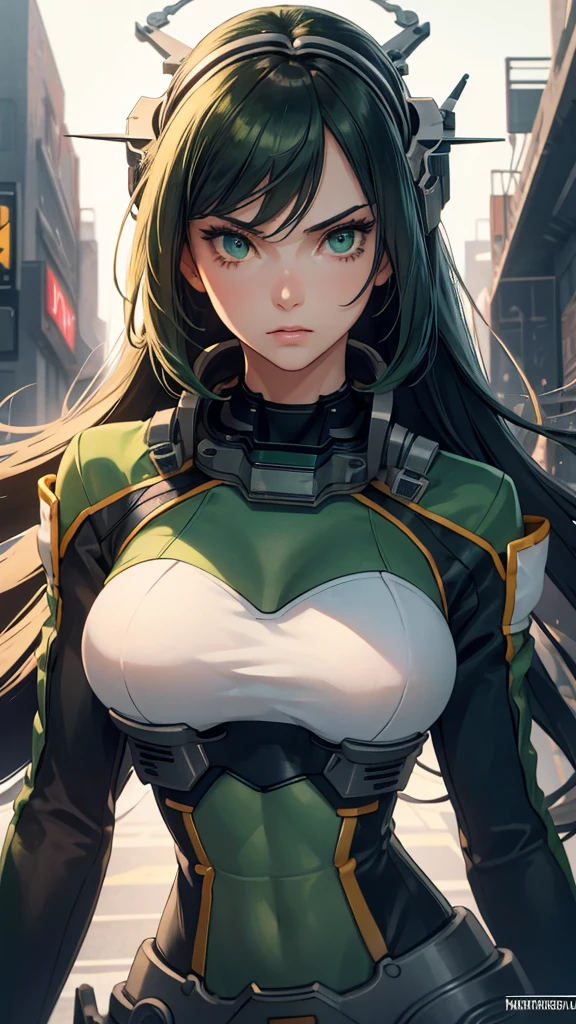 masterpiece, highest quality, (solo focus), (perfect face:1.1), (full body), (high detail:1.1), (hyper detailed eyes), dramatic, a woman with paleskin and long dark green hair, bright green eyes, solo, arrogant expression, neon cybernetic outfit, white background, art by artgerm, cinematic lighting, fashion, BalenciagaStyle