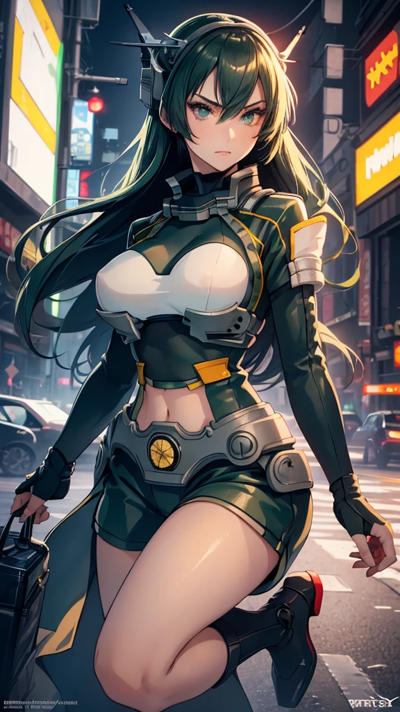 masterpiece, highest quality, (solo focus), (perfect face:1.1), (full body), (high detail:1.1), (hyper detailed eyes), dramatic, a woman with paleskin and long dark green hair, bright green eyes, solo, arrogant expression, neon cybernetic outfit, white background, art by artgerm, cinematic lighting, fashion, BalenciagaStyle