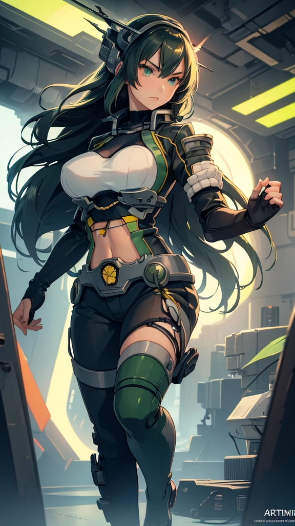 masterpiece, highest quality, (solo focus), (perfect face:1.1), (full body), (high detail:1.1), (hyper detailed eyes), dramatic, a woman with paleskin and long dark green hair, bright green eyes, solo, arrogant expression, neon cybernetic outfit, white background, art by artgerm, cinematic lighting, fashion, BalenciagaStyle