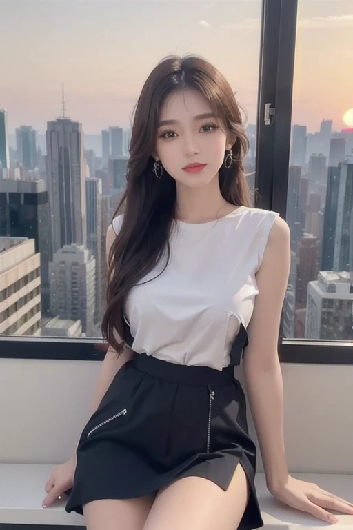 ((Midnight, Best quality, 8k, Masterpiece :1.3)), Whole body, Long legs, Sharp focus :1.2, A pretty woman with perfect figure :1.4, Slender abs :1.1, ((Dark brown hair, Big breasts :1.2)), (White tight tshirt, Jean bib, Standing:1.2), ((Night city view, Rooftop:1.3)), Highly detailed face and skin texture, Detailed eyes, Double eyelid