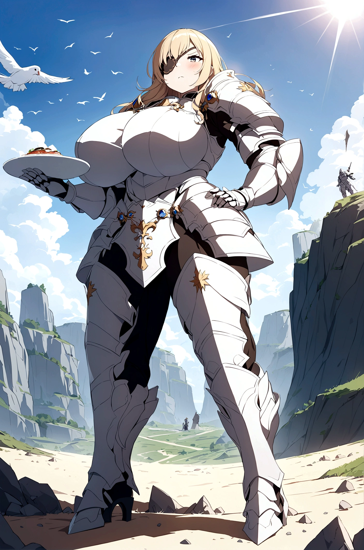 Huge  tits bimbo, stern face expression,  standing on steep heel, sunny day, ((wearing plate full armor with ornament)), eyepatch, broken spears in the ground around, birds in sky far away
