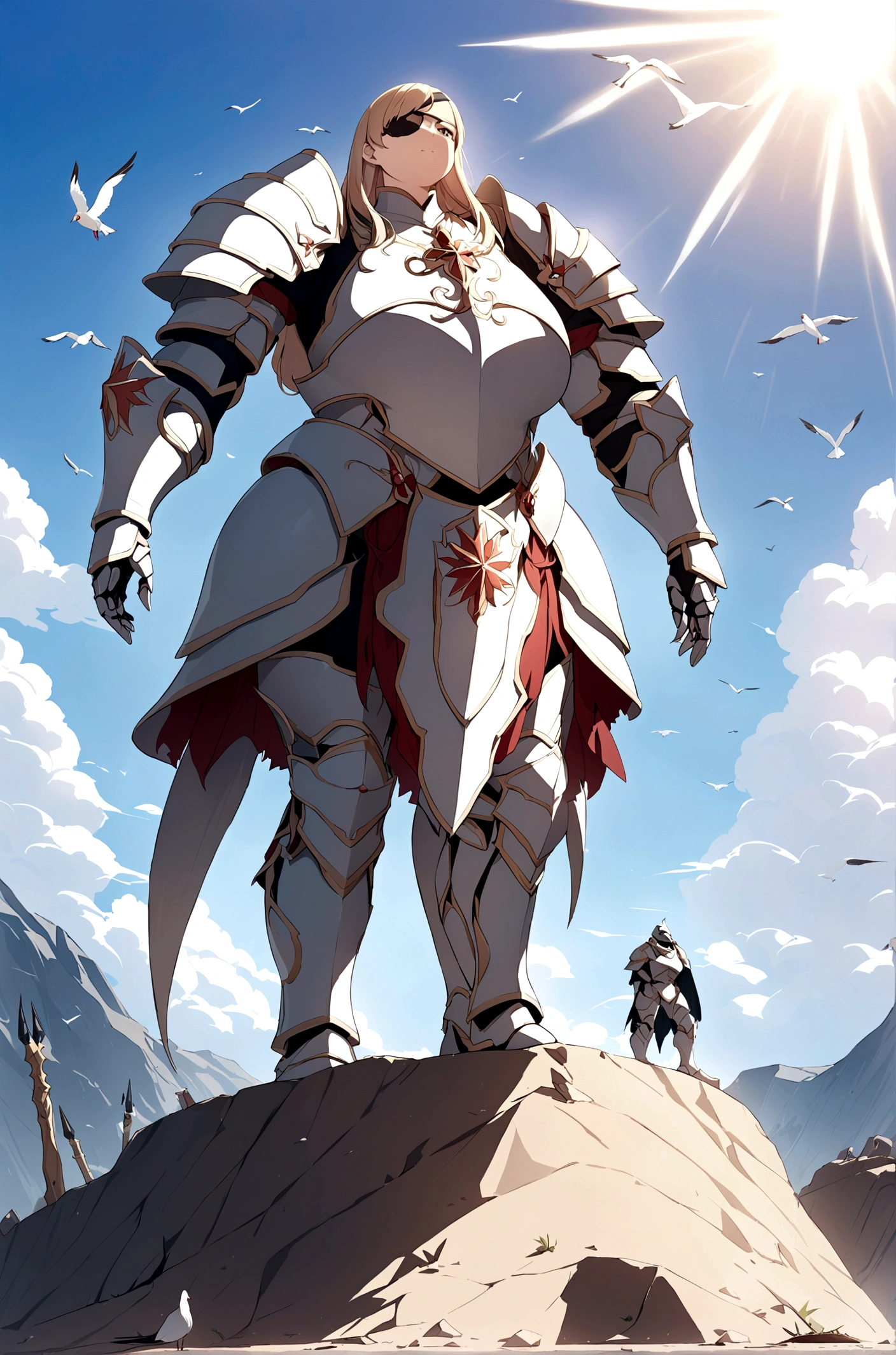 Huge tits bimbo, stern face expression, standing on steep heel, sunny day, ((wearing plate full armor with ornament)), eyepatch, broken spears in the ground around, birds in sky far away