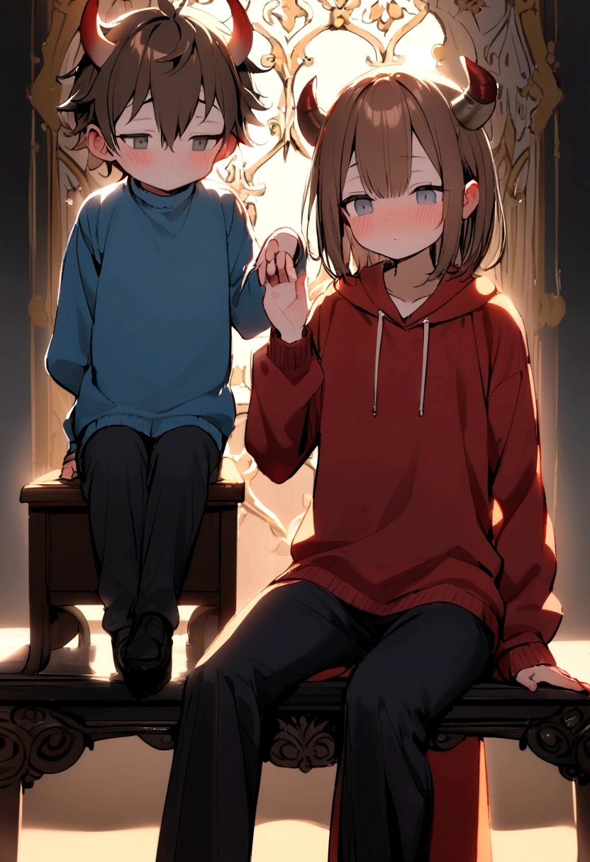 A boy without eyes,with an effeminate body and face, Brown hair, a blue sweatshirt, posing sitting with legs open (blushing), Black pants, and hair in the shape of small spikes being touched by a much taller boy, gray eyed, red sweatshirt and hair in the shape of two little horns