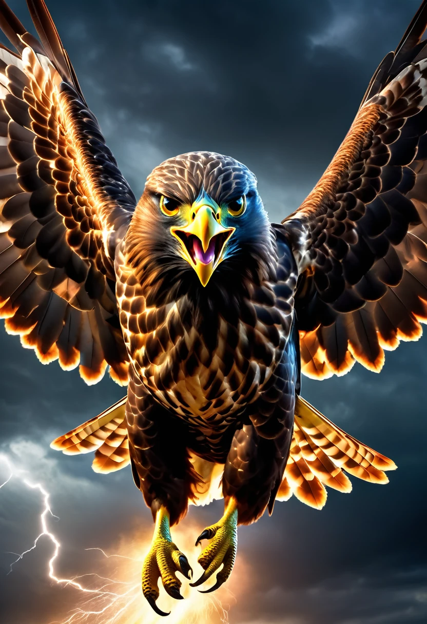 A powerful and intense image of a fierce hawk named "Hawk Tua" spitting fire on a mysterious object. The hawk is depicted as majestic and strong, with intricate feathers and a fierce gaze. The object, glowing with an otherworldly aura, is suspended in the air, as if it's the source of the hawk's anger. The background is a dark, stormy sky, with lightning streaking across it, adding to the dramatic atmosphere.