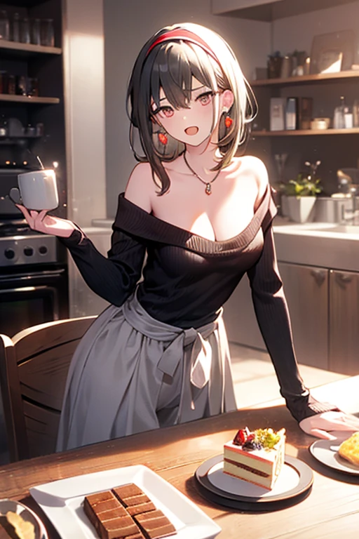 masterpiece, yor, 1girl, Amazing Cleavage:1.3, thin waist, big ass, Raised sexy, medium breast: 1.8 posed cleavage:1.2、solo, looking at viewer, open mouth, have a cup of coffee,black hair, red eyes, dress, bare shoulders, jewelry, collarbone, sidelocks, hairband, earrings, indoors, off shoulder, :o, sweater, arms behind back, plant, short hair with long locks, white hairband, off-shoulder dress, sweater dress, off-shoulder sweater, red sweater, big side hair, very long side hair,is rendered in (masterpiece: 1.2, best quality), with (ultra high resolution) and an exquisite (depth of field). This masterpiece is not only visually stunning but also tells, make of cake cooking ,in the kitchen
