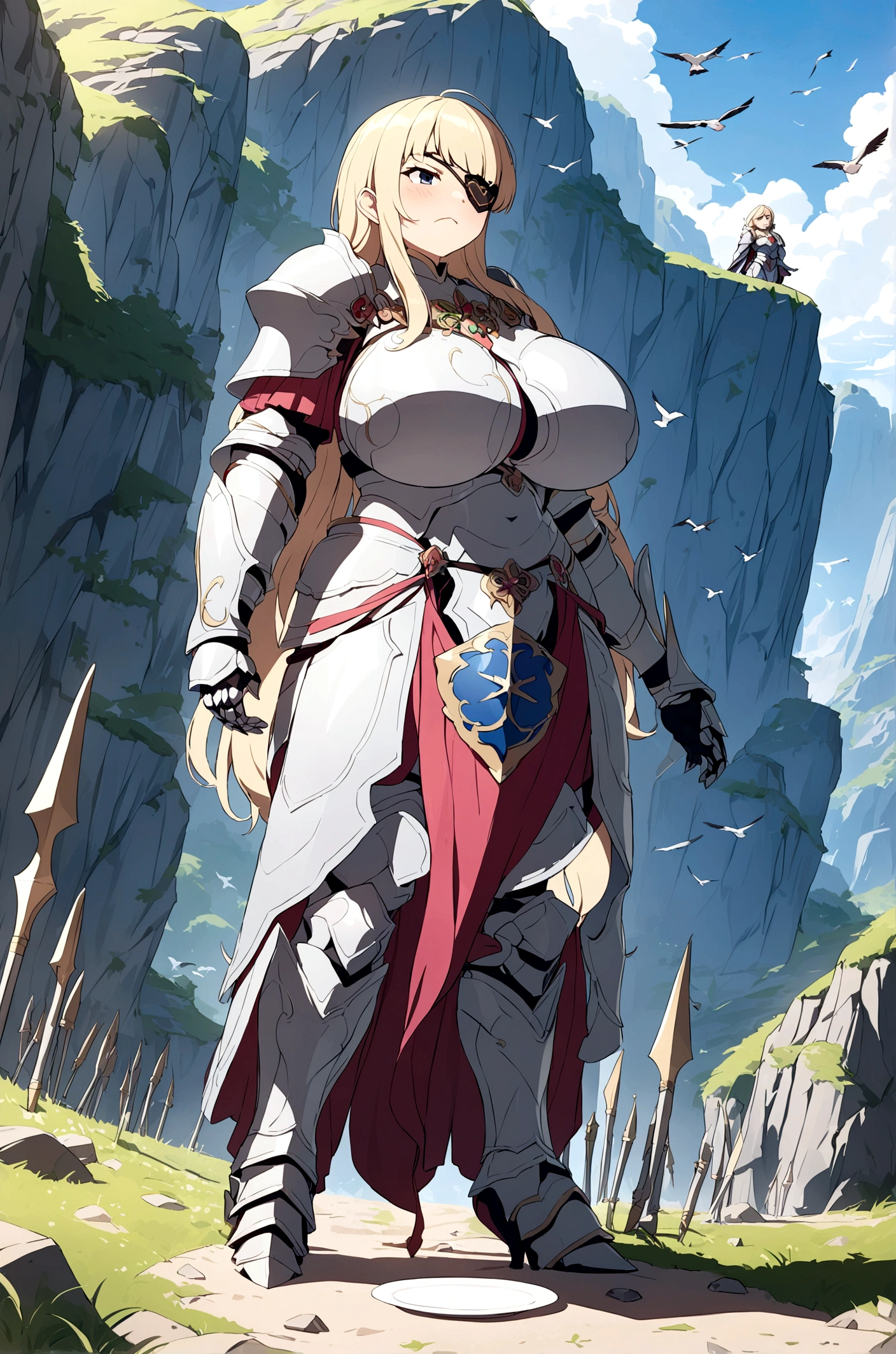 Huge teen tits bimbo, stern face expression,  standing on steep heel, sunny day, ((wearing plate full armor with ornament)), eyepatch, broken spears in the ground around, birds in sky far away