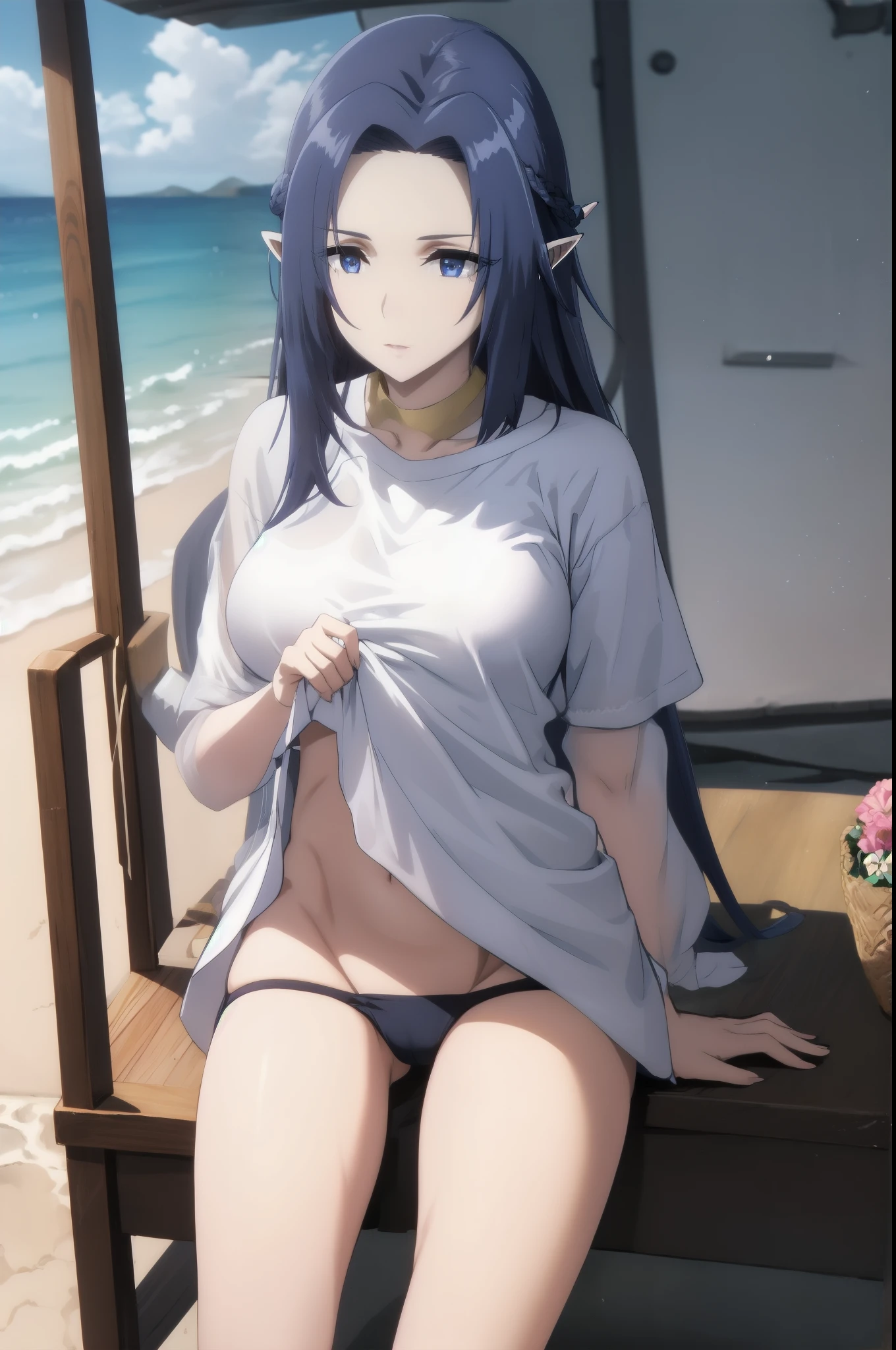 dark blue hair,,long hair,blue eyes,pointy ears,elf