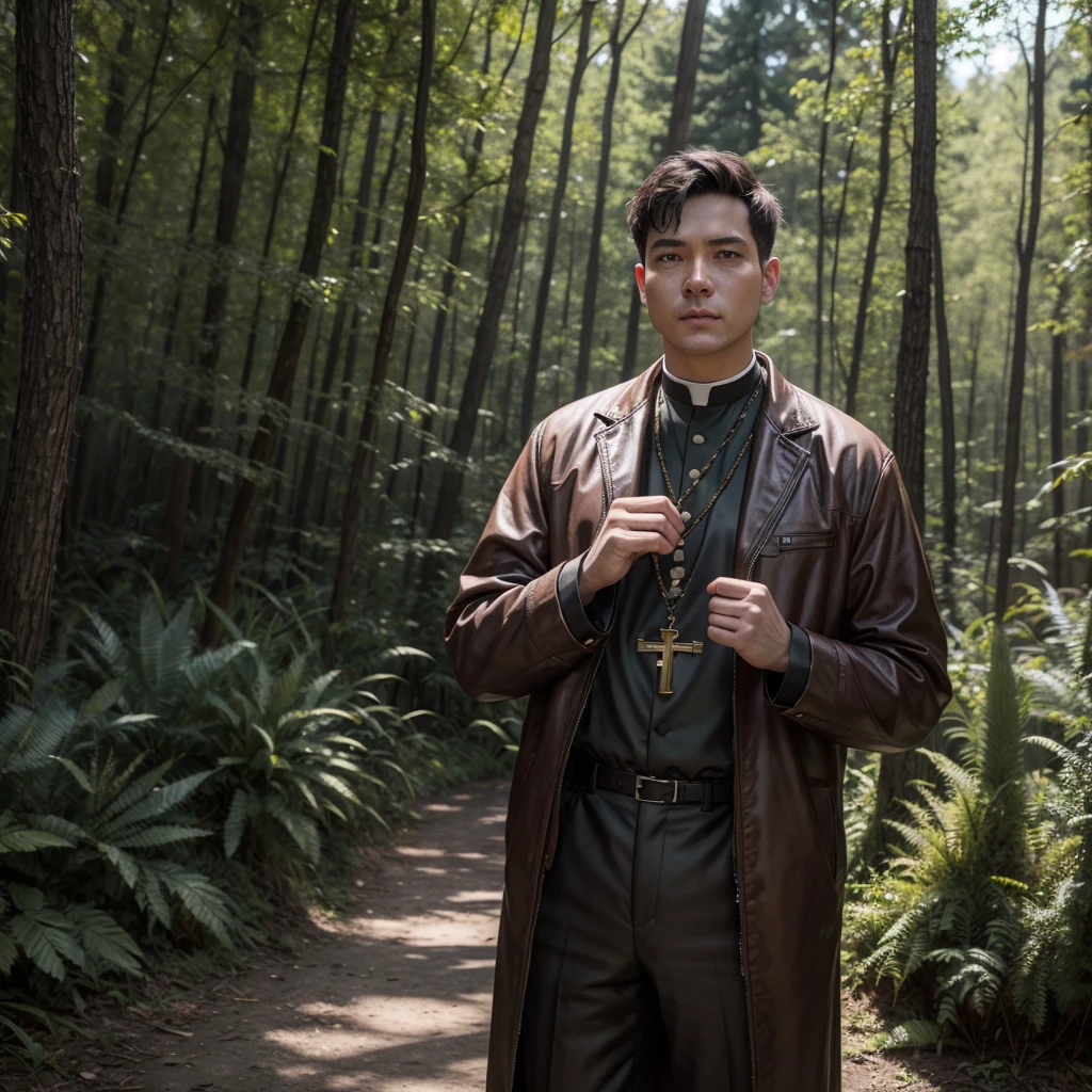 Bishop with key in his hands, at the forest, with hunting clothes