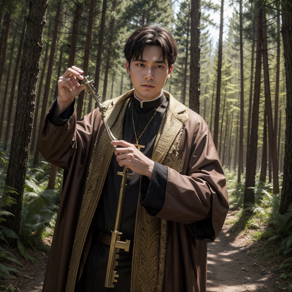Bishop with key in his hands, at the forest, with hunting clothes