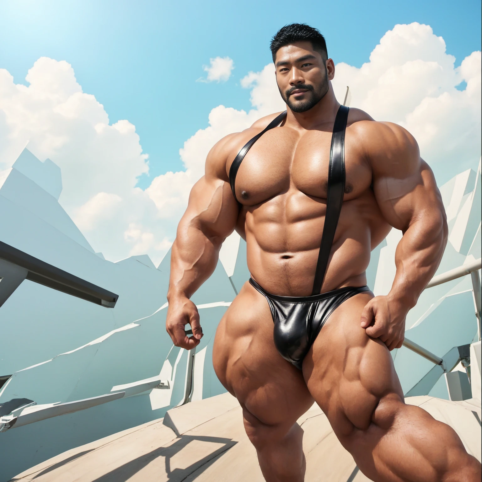 A handsome Asian actor,35 years old,High target, Fitness,short hair, O-Shaped Beard,Perfect body, Dark skin color,Radiant Skin,Smooth skin,Muscle bulge, muscular, Very large pectoral muscles,Very sexy abdominal muscles,Very well-developed leg muscles,Huge concave and convex area,Brightens oily skin,Wearing black leather shiny thong,Handsome face, Correct and accurate male body proportions, Wear black socks