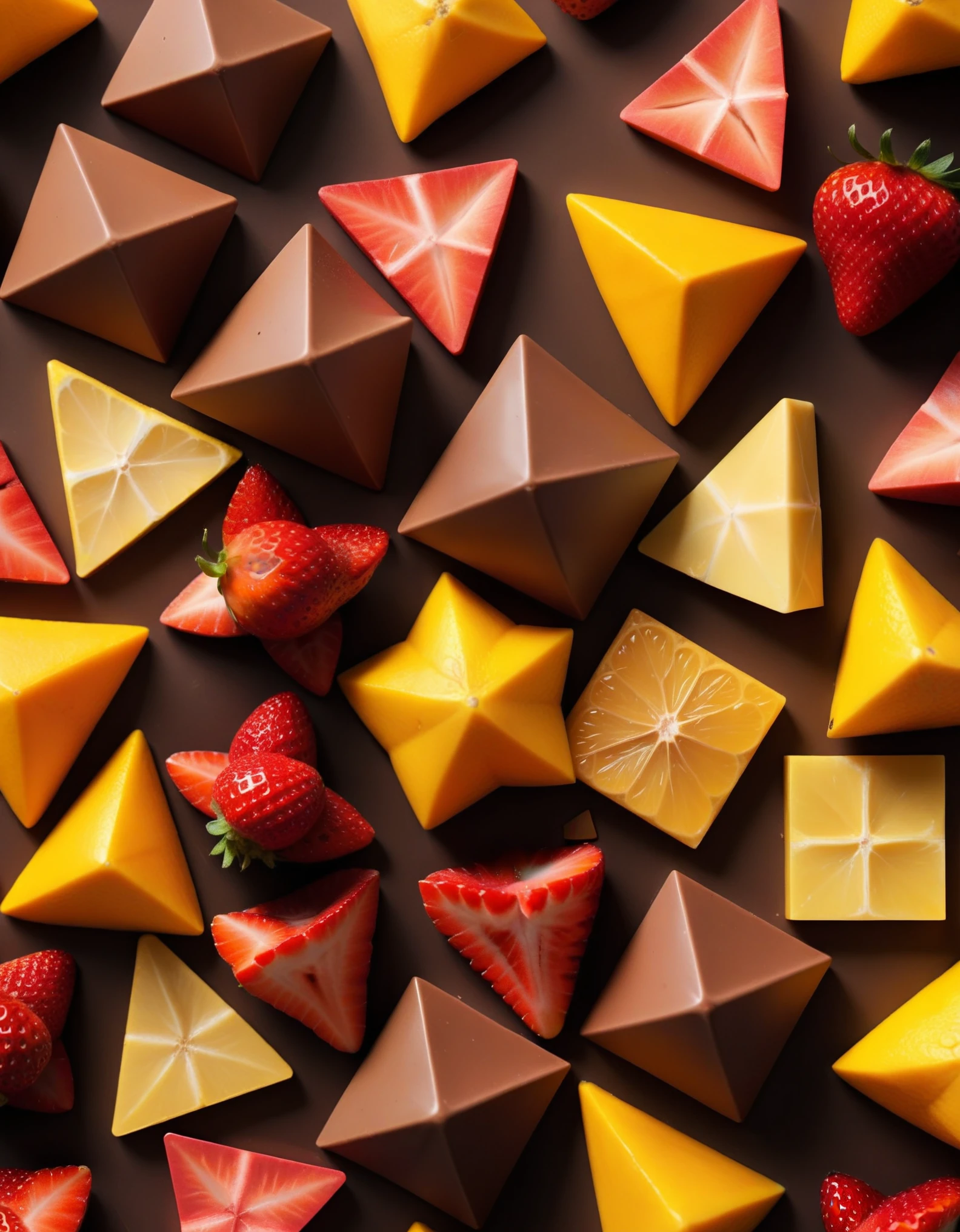 (irregular pattern with squares pentacles and triangles on a white background, chocolate brown and mango orange and strawberry red and lemon yellow colors cheme), closeup, macroscopic photo, hyperdetalization, hyperrealism, beautiful foreshortening, cinematic, glow, reflexes, illuminated ((dominant three colors))