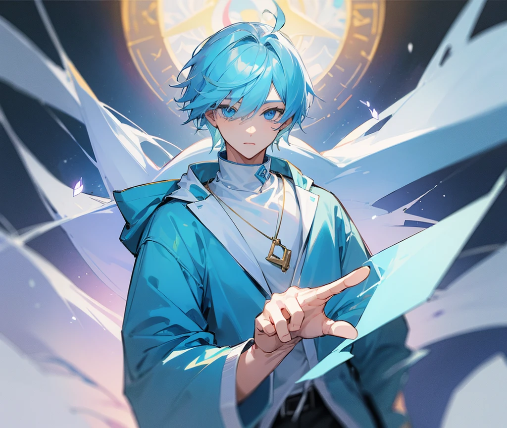 ((Highest quality)), ((masterpiece)), (detailed), １Men、Light blue hair、Light blue eyes、Light blue hoodie、Handsome、cool、Double Peace、Gal Peace