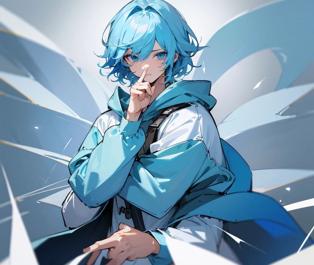 ((Highest quality)), ((masterpiece)), (detailed), 1Men、Light blue hair、Light blue eyes、Light blue hoodie、Handsome、cool、Double Peace、Gal Peace
