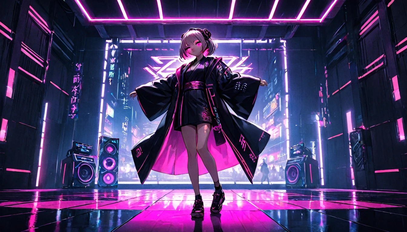Girl in kimono, ager, full body, cyberpunk, pink eyes, glowing, neon, black coat, open coat, window, DJ, dance floor,