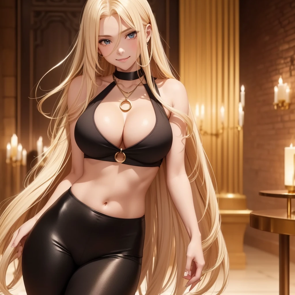 1girl only, smile, gold necklace with circle pendant ((long blonde hair, Between dates.)), low-cut black crop top, ((cleavage is visible.)), medium breasts, thick and defined thighs, black leggings, look seductive, sarcastic, shy, blushing,((light skin))
