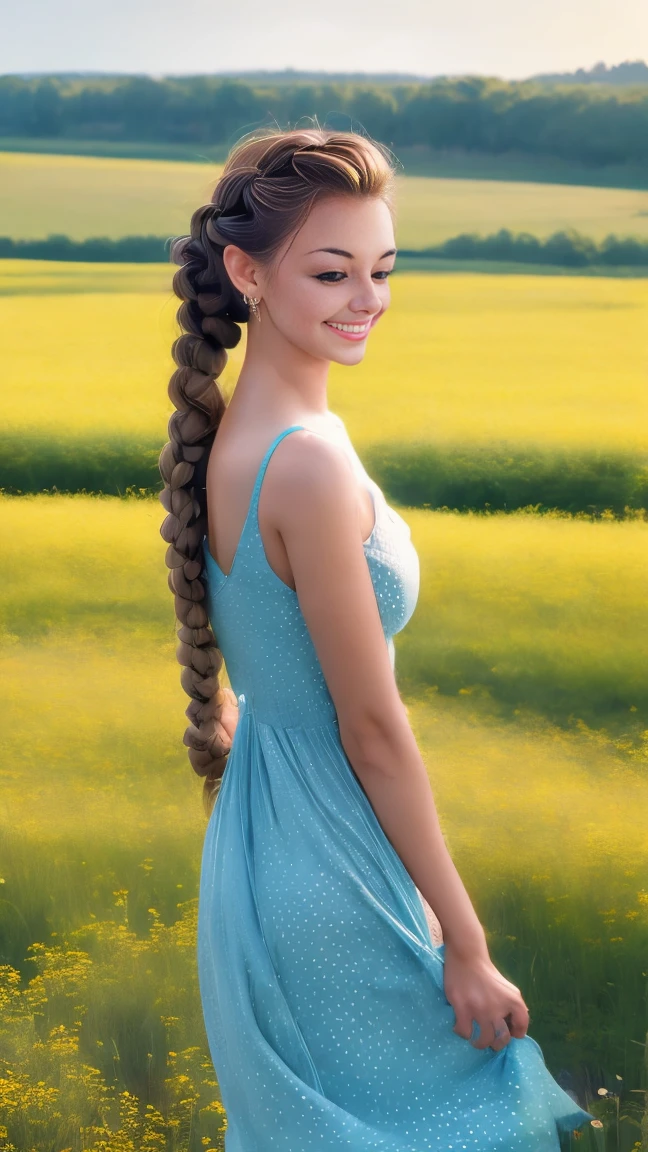 A photo of a TOK person, 1girl, 20 years old, tall and attractive, wearing a cute country dress, hair braided, standing in a rustic farm setting. She has a soft, gentle smile and expressive eyes. In the background are charming barns, golden wheat fields and clear blue skies. The composition should be bathed in warm golden hour light, with soft depth of field and soft bokeh to accentuate the idyllic tranquility. Capture images as if they were shot on vintage 35mm film for added oomph, filmg,
