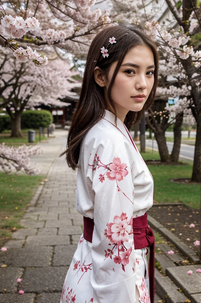A white girl wearing a kimono patterned with cherry blossoms in the middle of a cherry tree