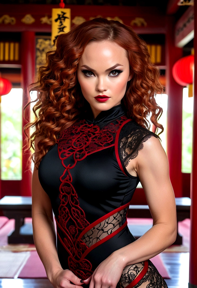 Tori Black asian ninja warrior, ringlets wavy five feet long red hair, dark red glossy lips, heavy black eye shadow long black eyeliner, black lace beautiful and creative sleeveless ninja warrior bodysuit, forehead lace ornament, posing in a Shaolin temple interior, happy expression dark ambience. No faces on her chest!