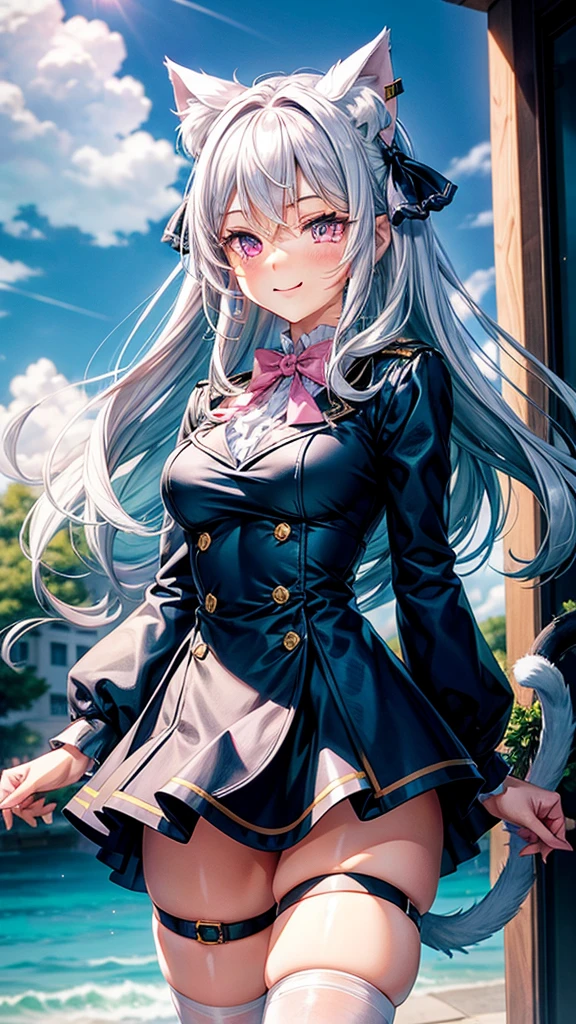 Silver hair, pink eyes, body, cat ears, adult girl, earrings, flower sky background, aqua blue gold uniform, hair bows, happy face, thigh up, holding cat