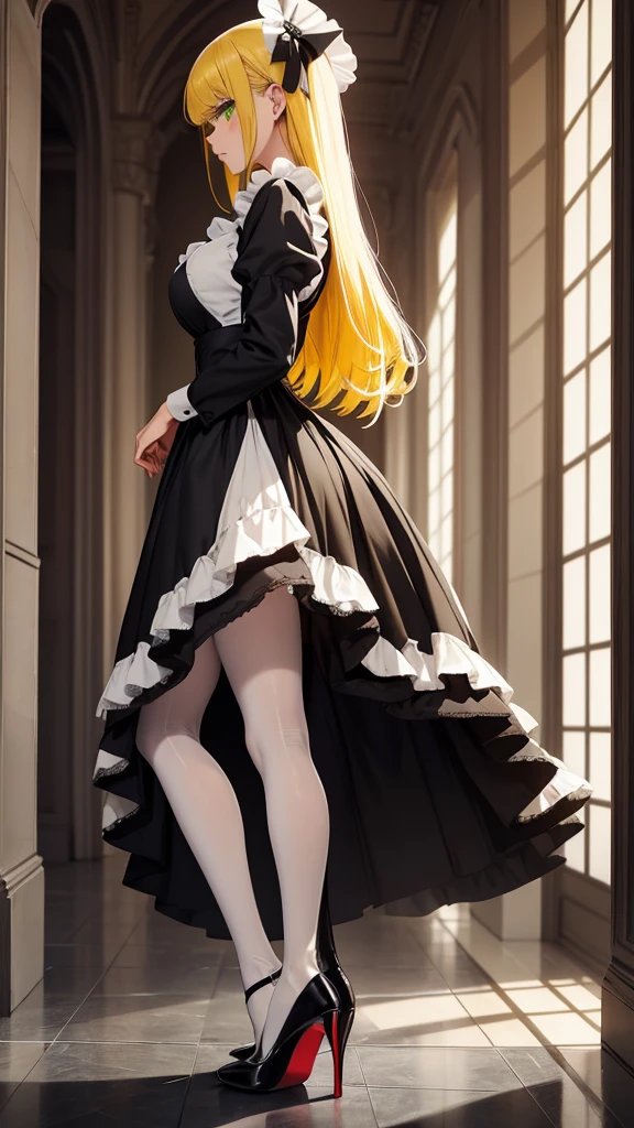 Beautiful Woman Front Standing Full Body Maid Dress Yellow Hair Green Eyes Red Sole Black Heels White Pantyhose 1.1 Looking In Profile