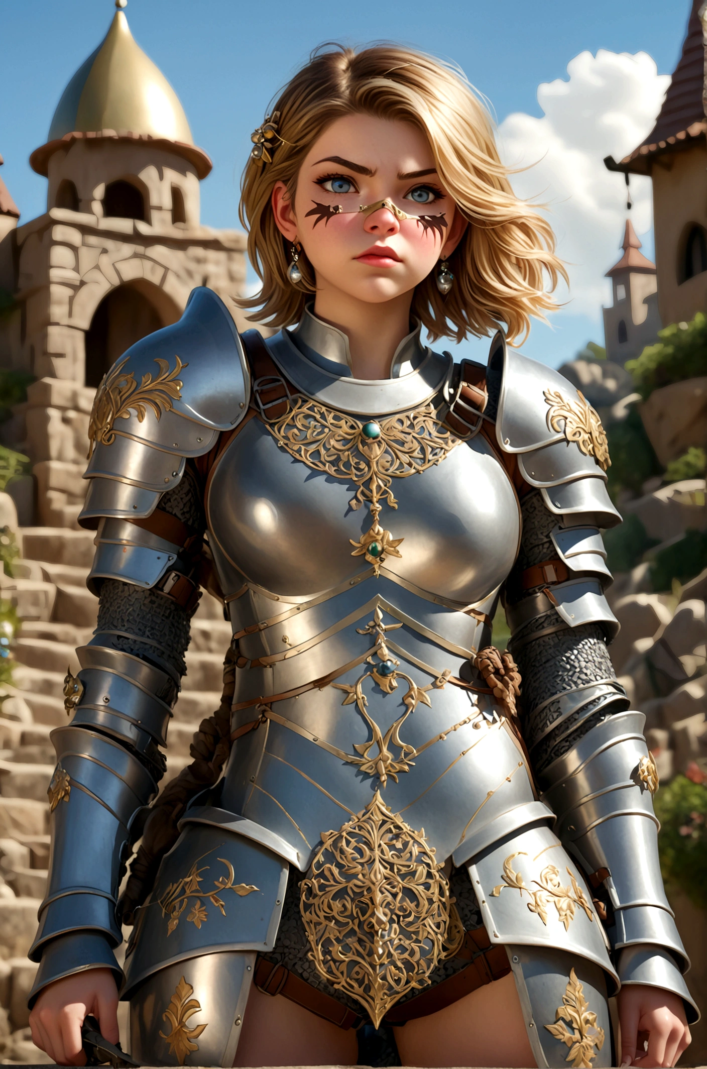 Huge teen tits bimbo, stern face expression, standing on steep heel, sunny day, ((wearing plate full armor with ornament)), eyepatch, broken spears in the ground around, birds in sky far away