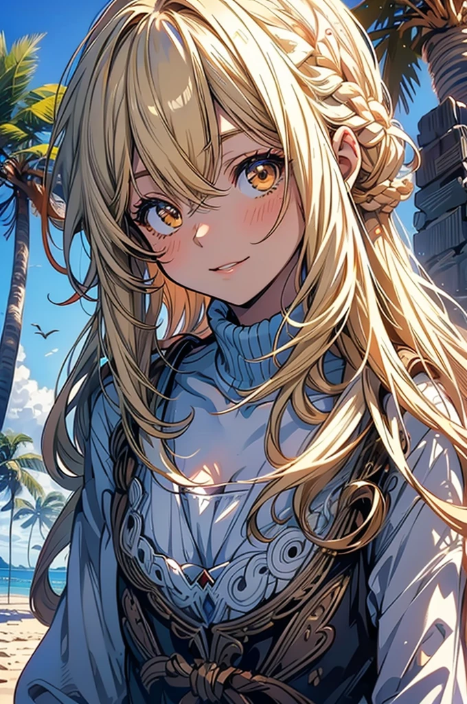 masterpiece, rich colors, Best quality, detailed, high resolution, Hyper quality, high detail, , high quality, detailing, skinny sexy girl on the beach , bright lighting , Brown eyes, Anime, palm trees, bright lighting, blonde,