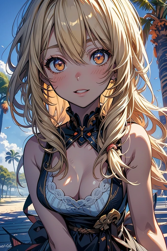 masterpiece, rich colors, Best quality, detailed, high resolution, Hyper quality, high detail, , high quality, detailing, skinny sexy girl on the beach , bright lighting , Brown eyes, Anime, palm trees, bright lighting, blonde,