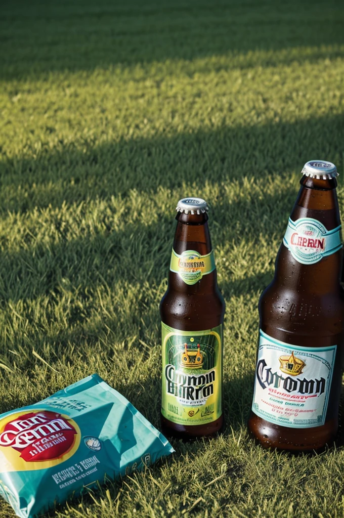 Lush green grass with a retro and modern “happy birthday” at the same time. On the grass a very cold Corona brand beer. 