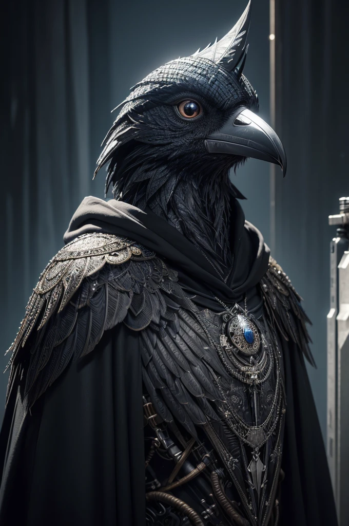 High-quality, realistic digital painting of a Kenku in a black robe and hood, half-cyborg face with intricate metallic details, mysterious atmosphere, detailed feathers, intense cybernetic eye, dark fantasy, realistic lighting, professional, cool tones, detailed feathers, detailed cybernetic half-face, dark atmosphere