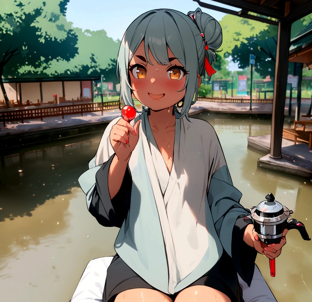 masterpiece, best quality, 1girl, sage green hair, golden eyes, hair tied in a messy bun, medium dark skin, triangular eyebrows, chubby, cute, nude, nsfw, sitting on a white bed, dappled sunlight, morning light, wet glistening skin