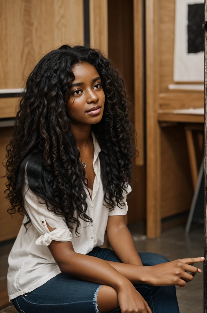 , black curly hair, BROWN SKIN, crying sitting in a corner of an art school