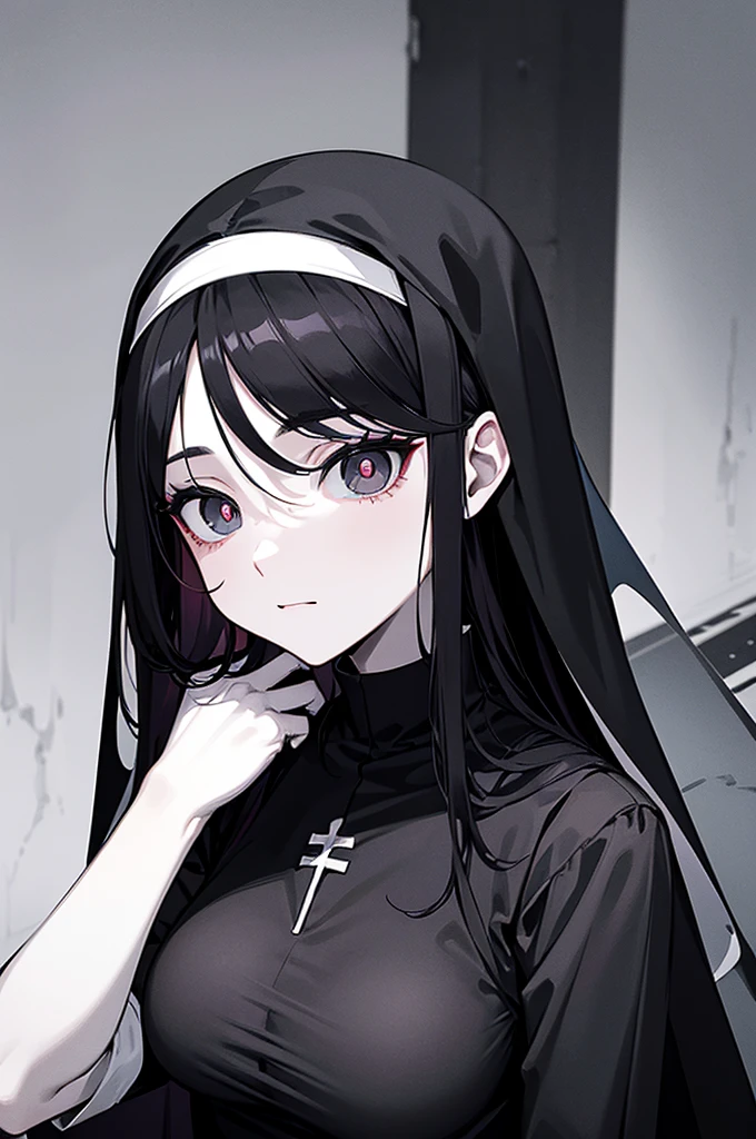 arafed image of a nun with a black dress, tired and haunted expression, an evil nun, haunted expression, creepy pose, grim expression, haunted, scary pose, eerie and grim art style, tired haunted expression, vampire nun, madeline from celeste, creepy!!, ((best quality)), ((masterpiece)), (detailed), 1girl, [[[nun black clothing]]], anime drawing of a woman with a very large breast and a very long black hair, desaturated!!, cel - shaded art style, cel shaded!!!, desaturated!, [[[[grinning evily]]]], creepy!!, unknown artstyle, pale young girl, sketchy artstyle, creepy!!!, haunted expression, sinister pose, black pupils, black clothing, black nun clothes, black straighthair, extra pale skin, black gloves, red iris!, Black hair!!, deep [[[red iris]]], White skin, all [[black clothing]], Portrait, [[[[Black hair]]]], serious expression, Black pupils!!!, dark background, (detailed), 1girl, [[[nun black clothing]]], anime drawing of a woman with a very large breast and a very long black hair, desaturated!!, cel - shaded art style, cel shaded!!!, desaturated!, [[[[grinning evilly]]]], creepy!!, [[[no cleavage]]], unknown artstyle, pale young girl, sketchy artstyle, creepy!!!, haunted expression, sinister pose, white pupils, black clothing, black nun clothes, black straight hair, extra pale skin, black gloves, black iris!, Black hair!!, deep [[[black iris]]], White skin, all [[black clothing]], Portrait, [[[[Black hair]]]], serious expression, white pupils!!!, dark background, Black clothes and hair!!!, black eyes with white pupils!!!!, black iris, a close up of a nun with a black and white outfit, an evil nun, nun, nun outfit, nun fashion model, female anime character, white haired deity, gapmoe yandere grimdark, portrait gapmoe yandere grimdark, portrait n - 9, [[[no cleavage black clothes]]], black hair, black hair, black hair, black hair, long hair, ((best quality)), ((masterpiece))